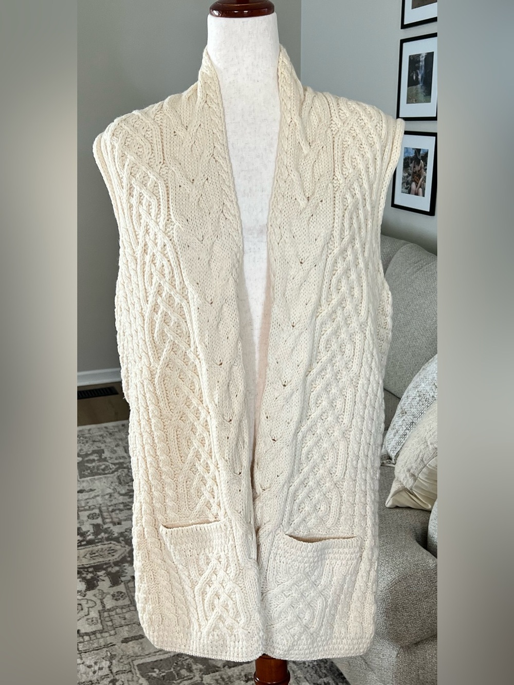 Kilronan Knitwear Open Aran Cable Sweater Vest Women's Medium Irish Merino Wool